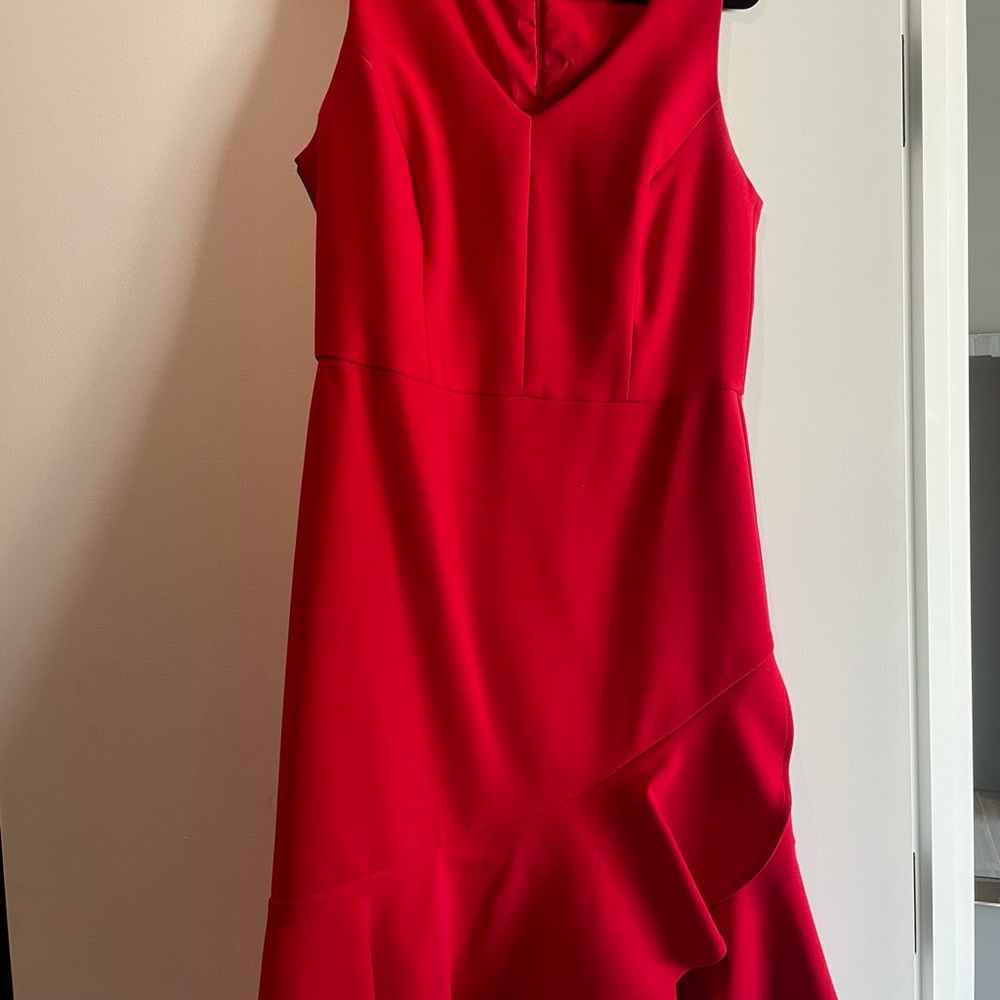 Red dress with V neck and flared hem